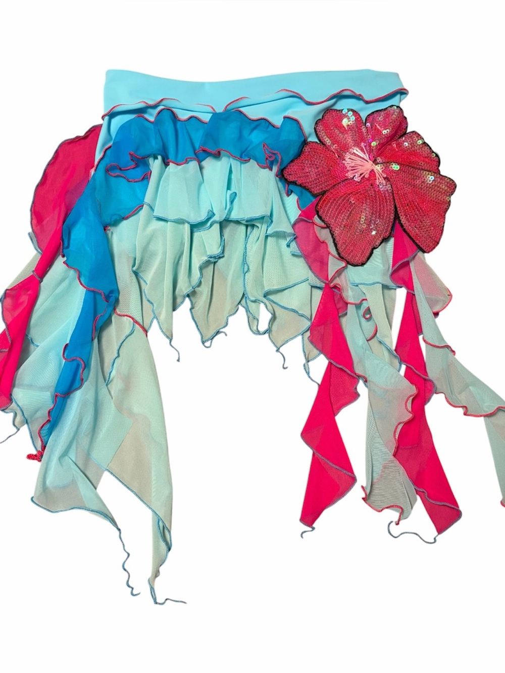 Jade Clark Floral Applique Ruffle Mesh Mini Skirt With Shorts, Turquoise Blue, S